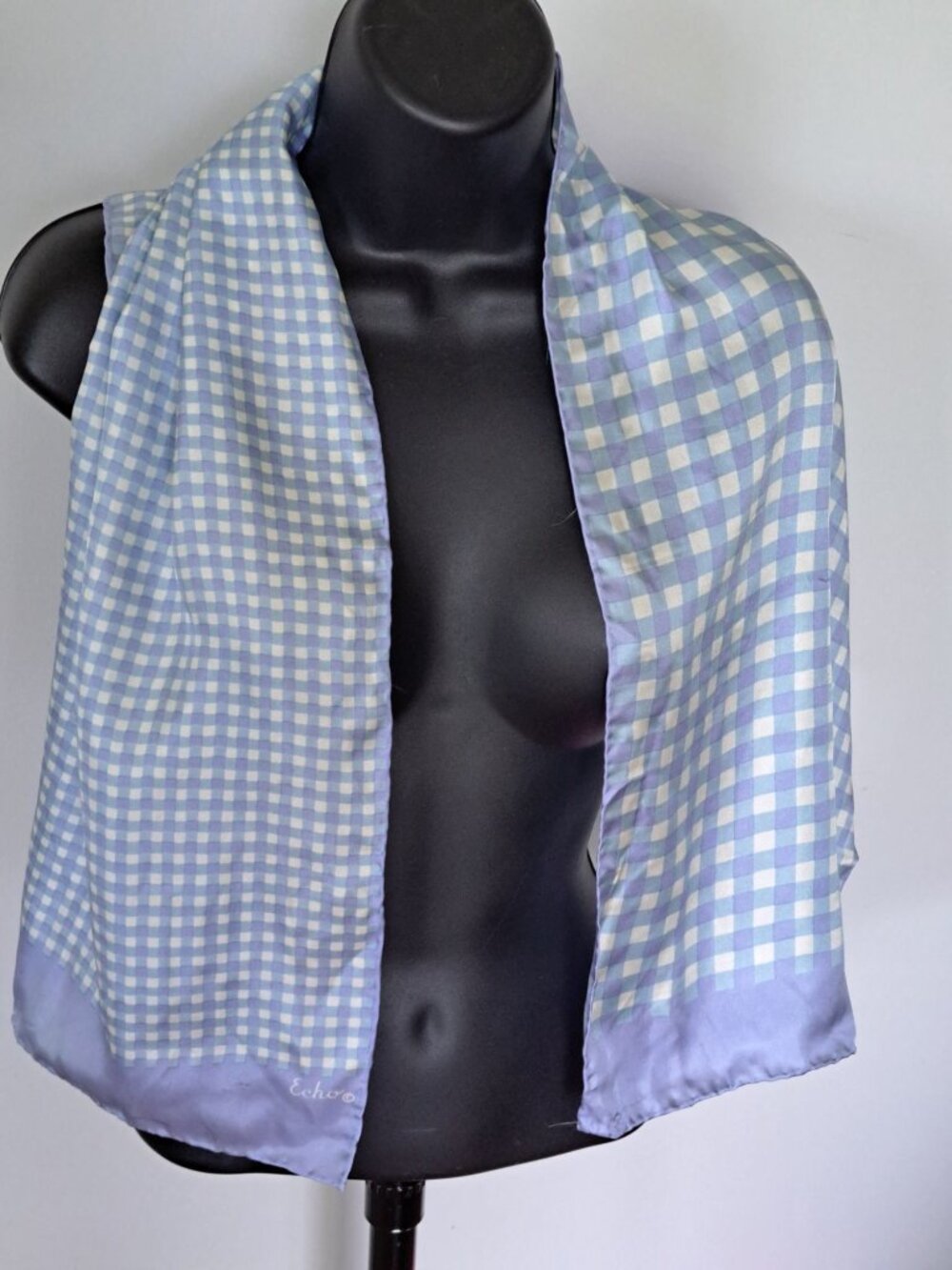 Vintage Echo Blue & White Gingham Silk Scarf Rectangular Lightweight Womens
